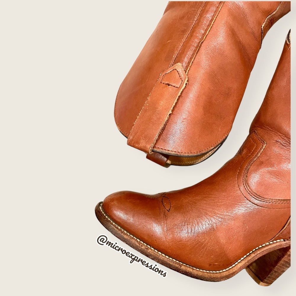 VINTAGE 1980's Frye Pull On Cognac Brown Leather Cowgirl Southern Heeled Boot - Picture 9 of 14